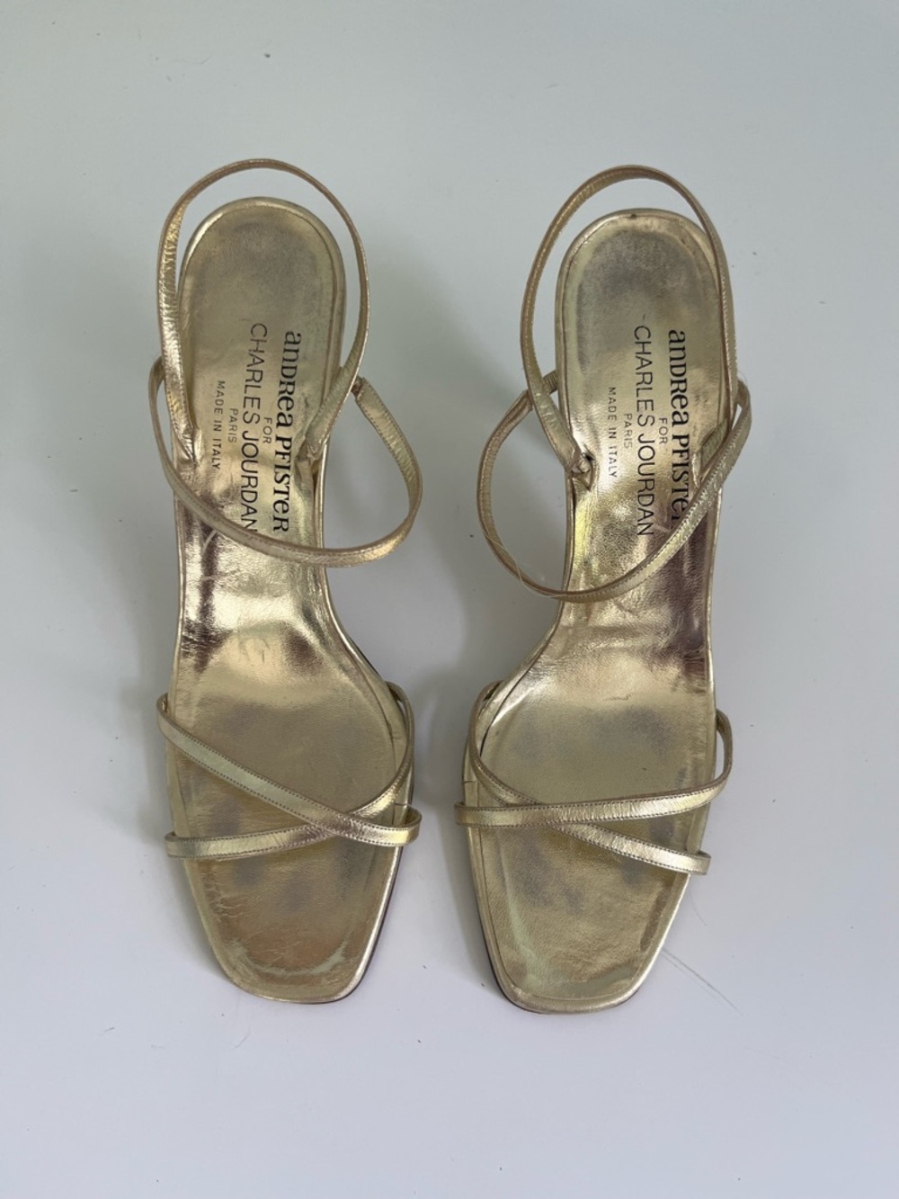 Charles Jourdan Metallic Gold Strappy Slingback Heels
